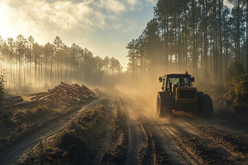 Fototapeta premium Timber falling in cleared forest area, morning mist.