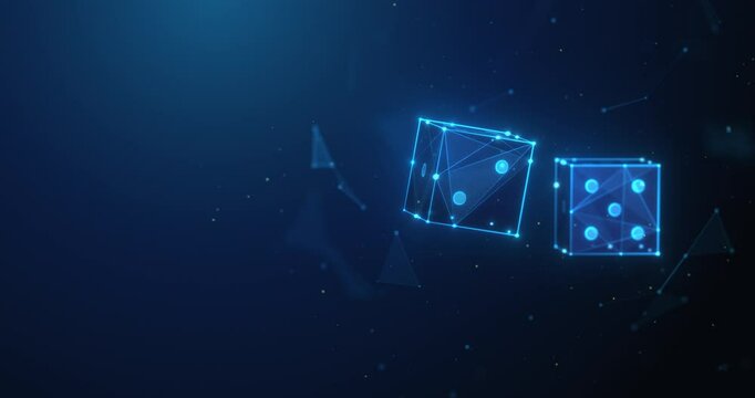 Abstract animation of low poly two spinning game dices. Online casino gambling and board game concept by wireframe mesh. Rolling d6 game cubes 4K looped motion graphic on blue background