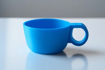 Blue 3d printed measuring cup standing on a white surface, showcasing the potential of additive manufacturing in kitchenware