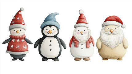 Watercolor vector illustration set of cute Christmas characters penguin, snowman, scandinavian gnome, polar bear and Santa Claus isolated on white background