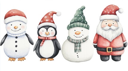 Watercolor vector illustration set of cute Christmas characters penguin, snowman, scandinavian gnome, polar bear and Santa Claus isolated on white background