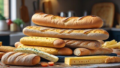A quirky dining room with chairs carved from giant bread loaves, Generative AI.