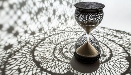 Hourglass with sand casting shadows over a patterned surface