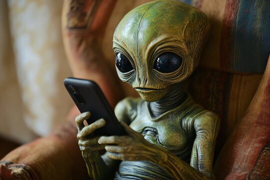 Green alien creature sitting on comfortable armchair using smartphone browsing social media, extraterrestrial life concept