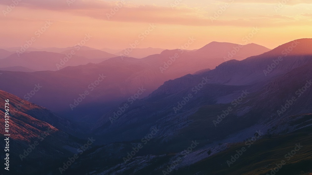 Poster the sun sets behind a vast mountain range, casting soft pink and orange tones across the sky and ill