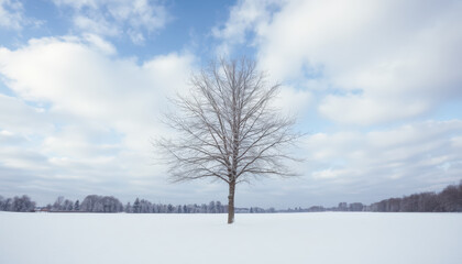 Fototapeta premium A calm winter landscape: a lonely tree without leaves in a field covered with snow.