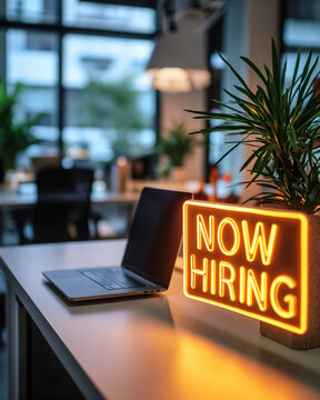 Now Hiring: Minimalist office desk with glowing now hiring sign, tech job opportunities and corporate growth focus