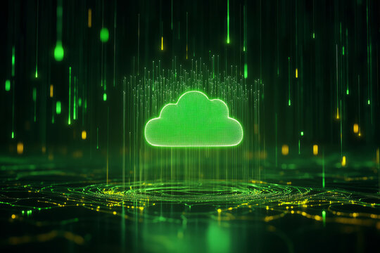 Glowing green cloud icon surrounded by digital data streams on a futuristic dark background. Abstract technology visualization for cloud computing and data storage concepts