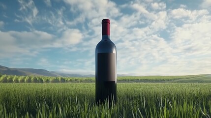 A wine bottle stands prominently in a lush green field under a bright sky.