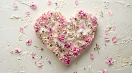 A delicate heart-shaped floral arrangement featuring pastel pink blossoms and tiny wildflowers, artistically placed on a textured white background with scattered petals for a romantic, whimsical touch