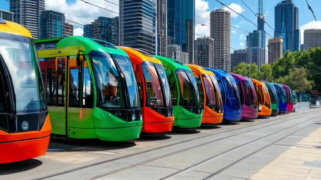 Colorful trams lined up in the heart of a bustling urban city on a bright sunny day