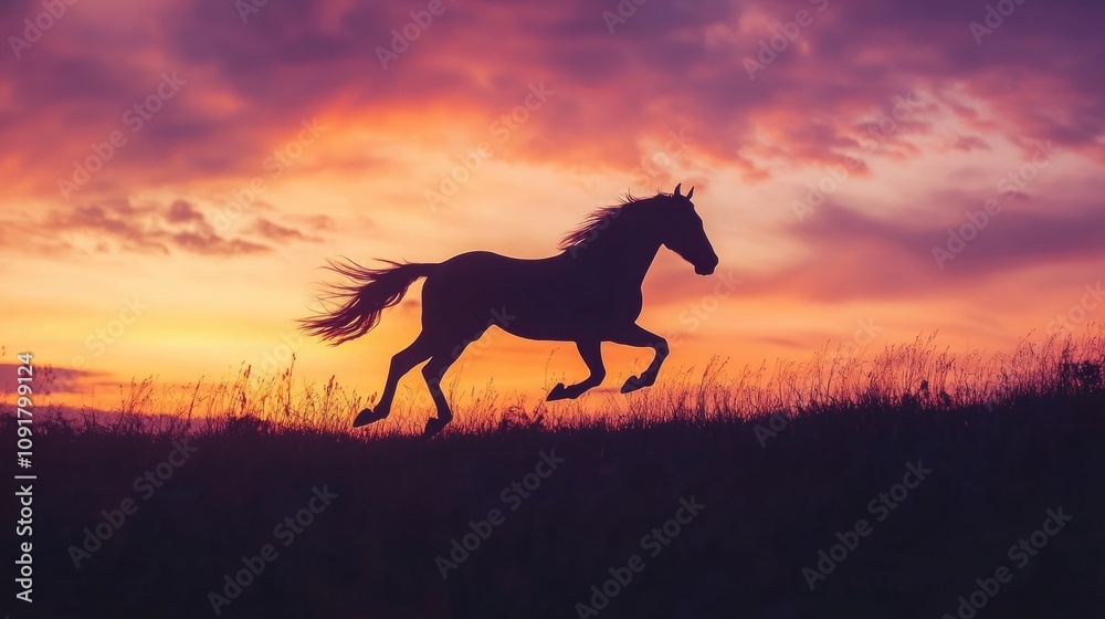 Poster a horse runs freely across a field as a vibrant sunset illuminates the sky with rich colors, creatin