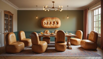 A quirky dining room with chairs carved from giant bread loaves, Generative AI.