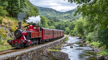 Obraz premium A vintage steam train travels alongside a river in a lush, green landscape.