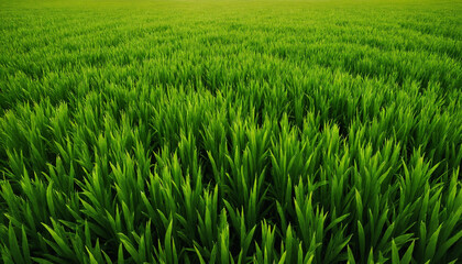 Obraz premium Lush green rice field with vibrant blades of grass under soft sunlight