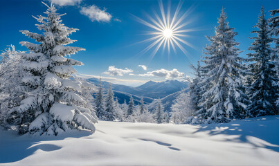 Obraz premium Winter landscape with a round sun. Illustrations for Winter Solstice.