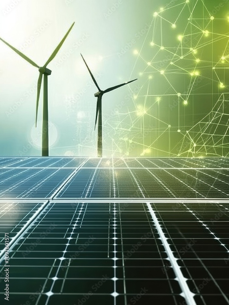 Aufkleber Solar panels and wind turbines showcase modern renewable energy technology with a minimalistic design and abstract green patterns in the background. Generative AI
