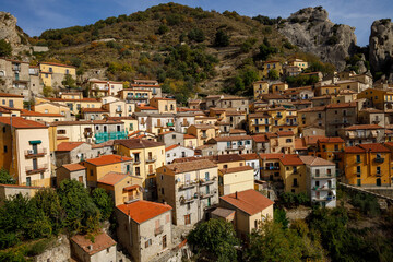 The picturesque village of Castelmezzano on the scenic rocks of the of the Apennines Dolomiti Lucane, Basilicata, Italy