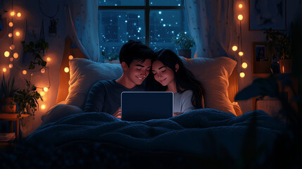 Naklejka premium Sweet couple sharing a cozy moment while watching a movie on a laptop in a starry bedroom