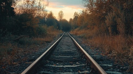 Obraz premium Train Tracks Leading Through Autumnal Forest
