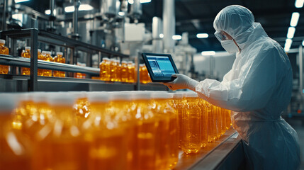 Factory Worker Inspecting Bottled Beverage Production Line on Tablet