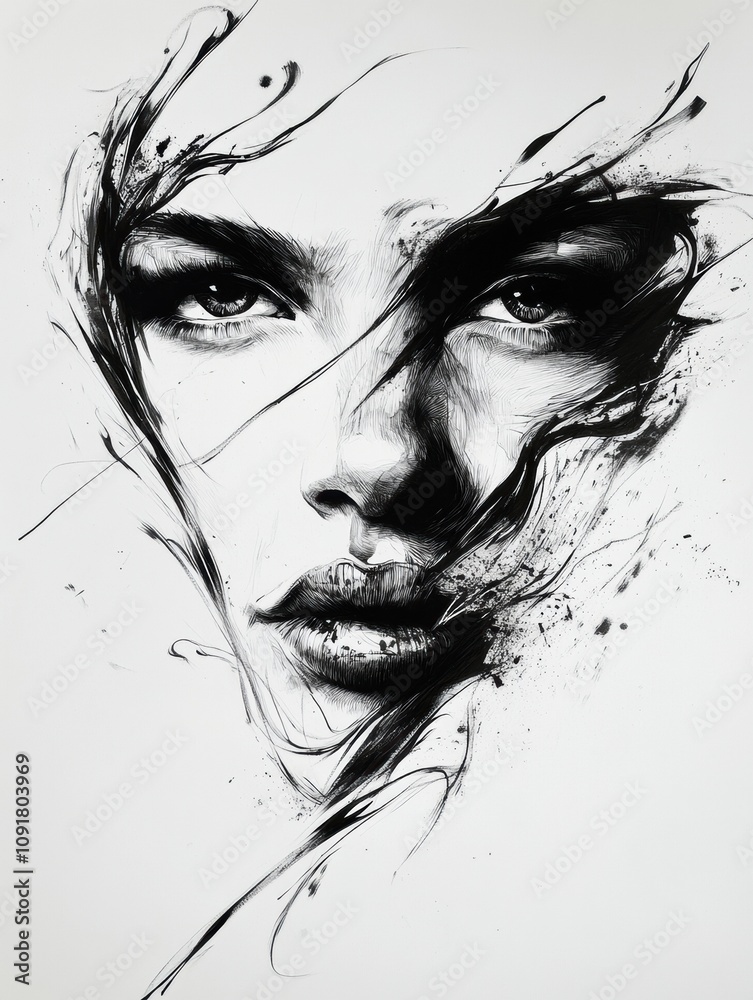 Poster a striking ink portrait reveals intense emotions through bold shadows and intricate lines, showcasin