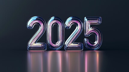 3D text 2025 made of neon glass, high-resolution render, vibrant colors, dark background, with rim lighting, radiant backlighting.