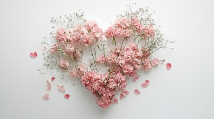 Fototapeta premium A charming heart-shaped floral arrangement of pink carnations and delicate wildflowers, gracefully scattered on a clean white background, creating a soft, romantic atmosphere.