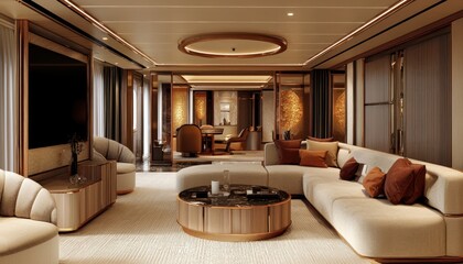 Fototapeta premium A spacious and luxurious living room with a large sectional sofa, a coffee table, and a large TV.