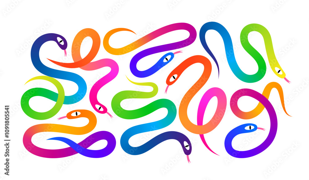 Poster set of colorful cute snakes. vector chinese 2025 happy new year symbol. abstract isolated snake illu