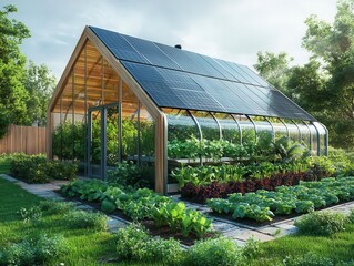 Obraz premium A solarpowered greenhouse growing fresh vegetables, Greenhouse Power, Controlled and modern