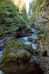 Obraz premium Alpine Gorge with Scenic Hiking Trail Along the Mountain Slope Showcasing Pristine Stream and Lush Valley. Serene Wilderness Landscape Captures Eco-Friendly Living and Environmental Harmony in the
