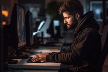 A man is sitting at a desk with a keyboard