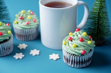Chocolate cupcakes with green whipped cream topping in the form of Christmas tree for Christmas holidays