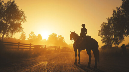 Obraz premium Golden Hour Equestrian Silhouette Rural Road Horseback Riding Sunset