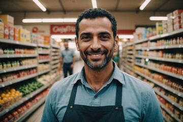 Fototapeta premium Close portrait of a smiling 40s Libyan male grocer standing and looking at the camera, Libyan grocery store blurred background