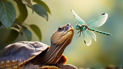The Happy Turtle," depicting a peaceful moment between a turtle and a dragonfly