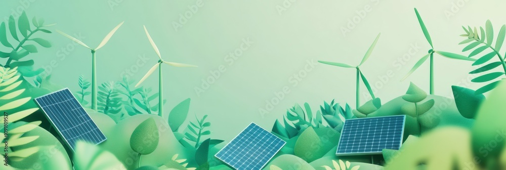 Fototapete modern solar panels and wind turbines flourish in a serene, minimalistic setting with abstract green