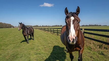 Obraz premium A majestic brown horse gallops across a green pasture, exuding grace and freedom under a vast, clear blue sky.