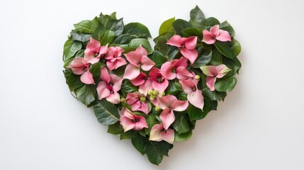 Obraz premium Heart-shaped floral arrangement featuring pastel pink blossoms and lush green leaves, carefully arranged symmetrically on a white background. Highlights textures and vibrant colors for a natural