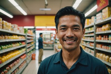 Naklejka premium Close portrait of a smiling 40s Malaysian male grocer standing and looking at the camera, Malaysian grocery store blurred background