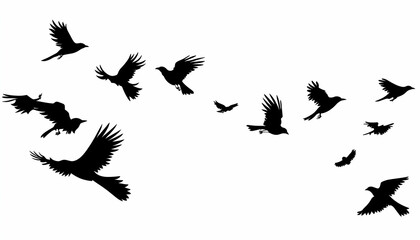 Obraz premium Silhouettes of numerous birds in flight against a stark white backdrop, creating a dynamic and artistic composition. Ideal for design projects needing a touch of nature.