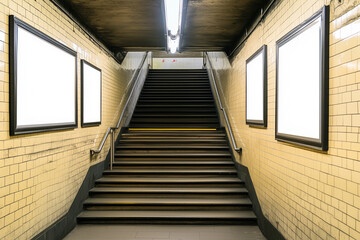 Fototapeta premium Blank advertising poster on the subway wall above the stairs