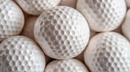 Neatly arranged cluster of pristine white golf balls in textured lighting, revealing geometric precision.