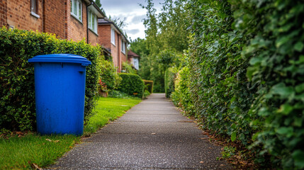 Obraz premium Blue Recycling Bin on Suburban Walkway Green Hedges Residential Street Scene