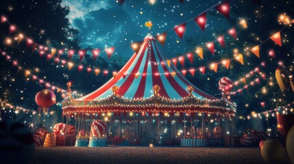 Obraz premium A whimsical nighttime scene with a red and white striped carousel tent adorned with twinkling lights and colorful flags.