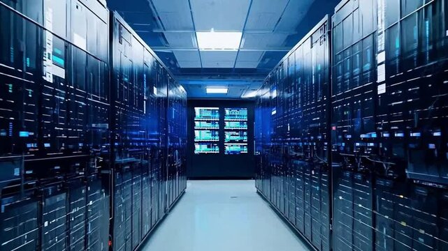 Video of a server room in a data center, blue light, slow dolly in shot