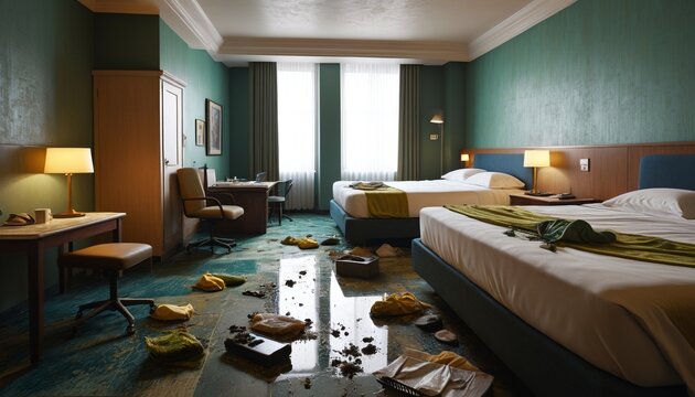 Extraterrestrial cleaners scrubbing out filthy, moldy hotel rooms after guests leave, surrounded by unsanitary conditions, Generative AI