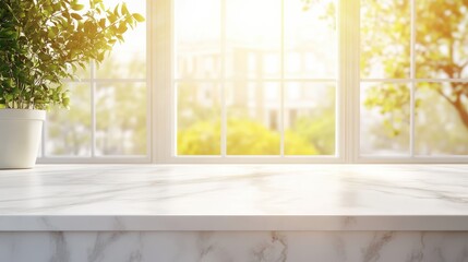 Bright and Inviting Interior Scene with Natural Light Streaming Through Windows and Illuminating a Marble Surface Next to a Potted Plant
