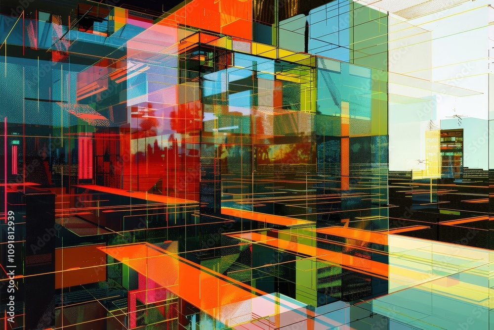 Leinwandbilder modern digital abstraction showcasing vibrant golden colors and dynamic grid patterns in a futuristi